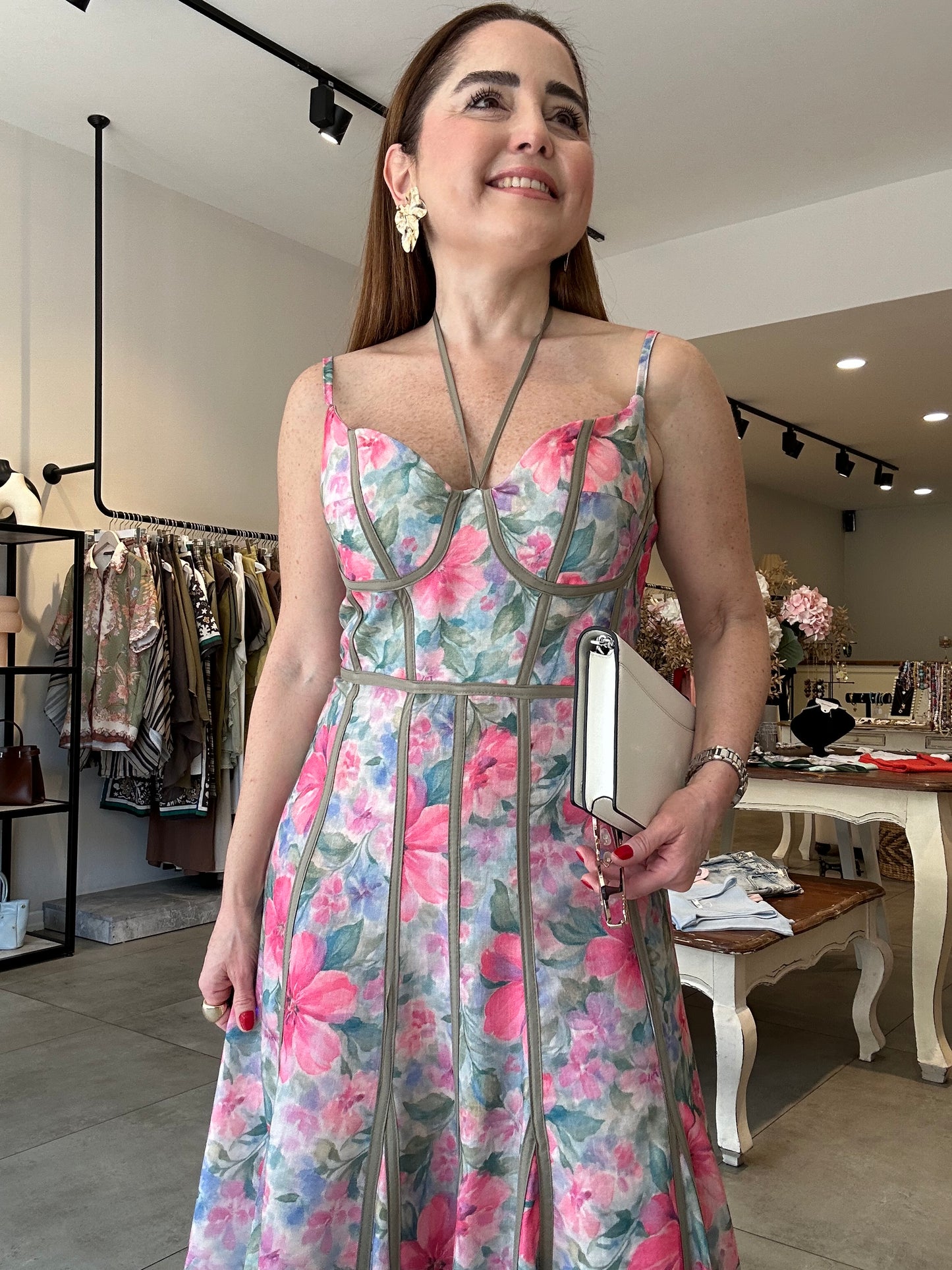 Floral keten elbise