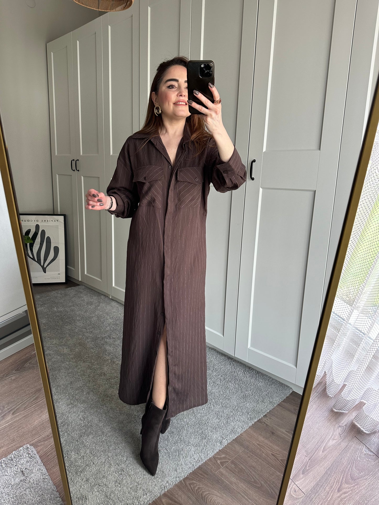 Fular detaylı çizgili elbise (Çıkabilir fular detaylı)