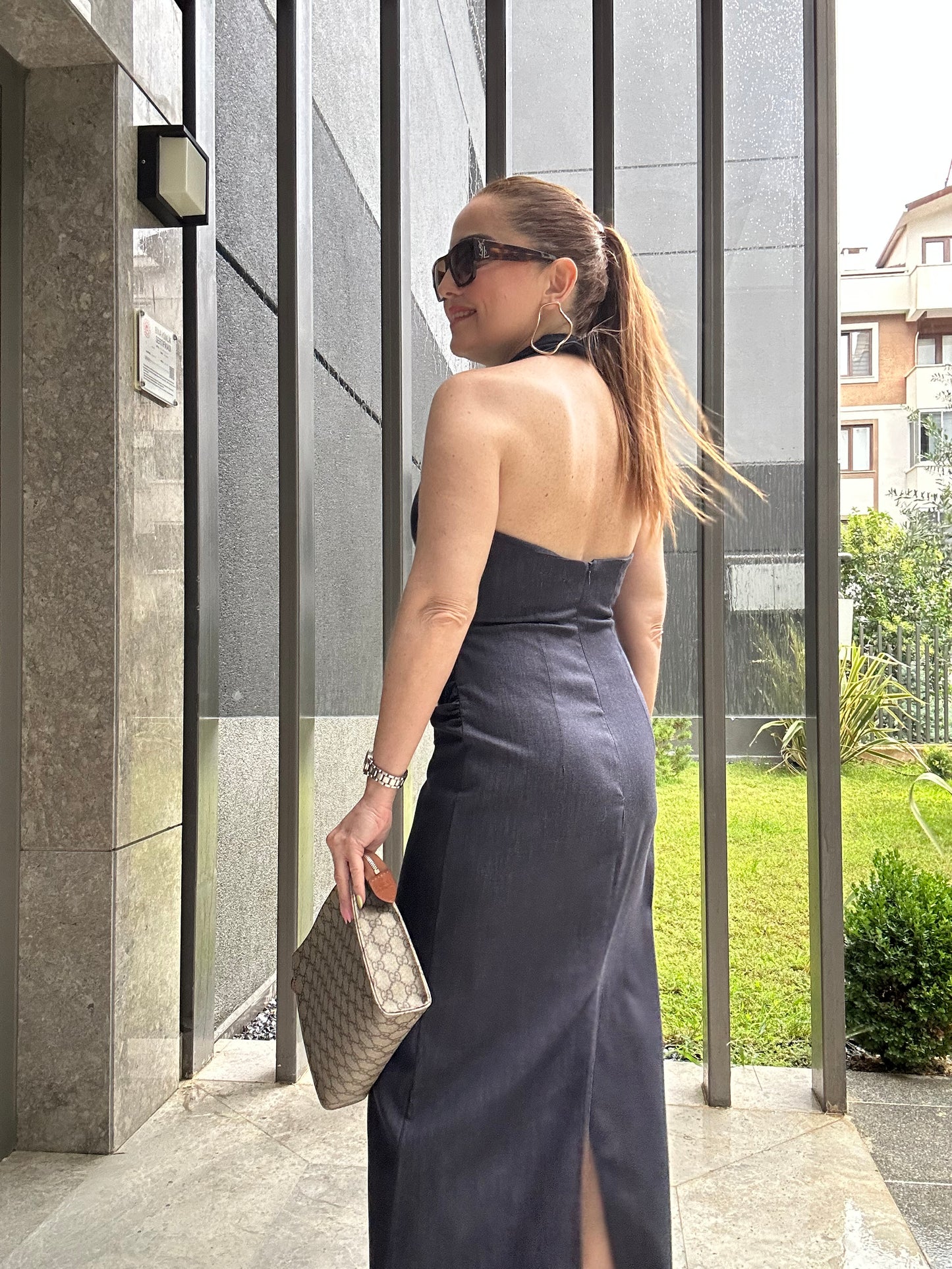 Tokalı likralı denim elbise