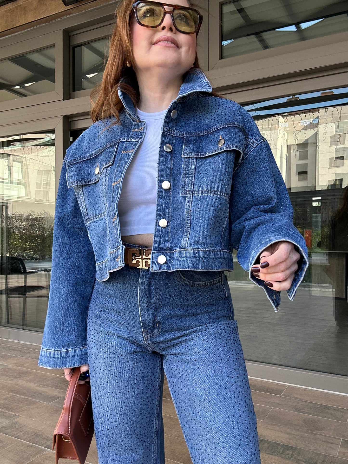 Full taşlı crop ceket