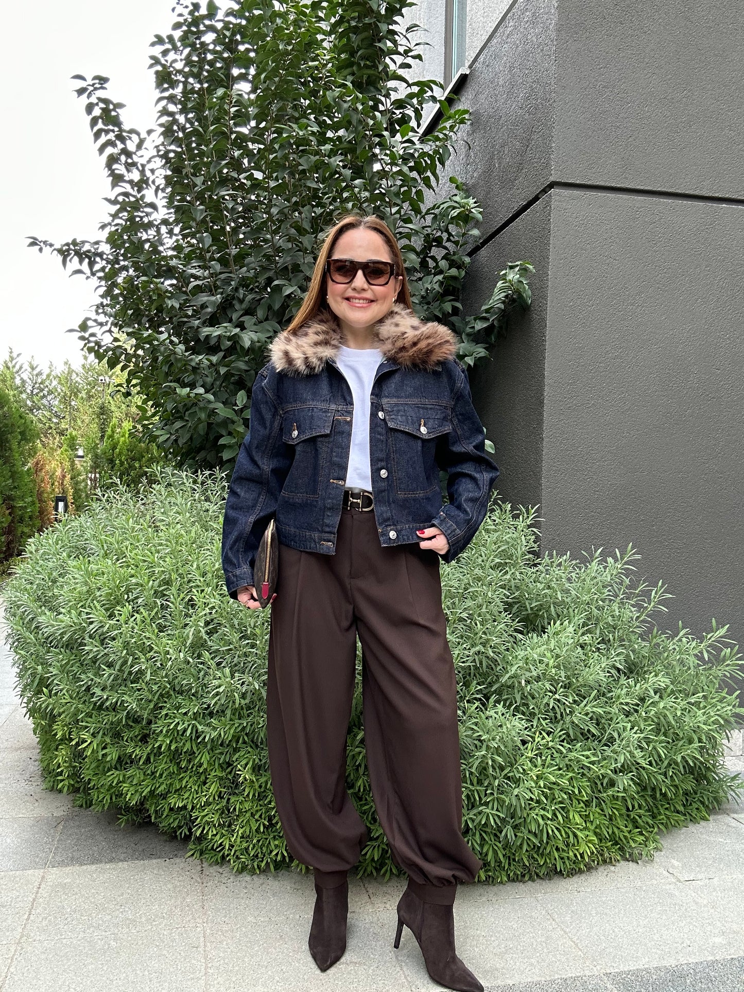 Leopar tüylü denim mont ( Çıkabilir kürk )