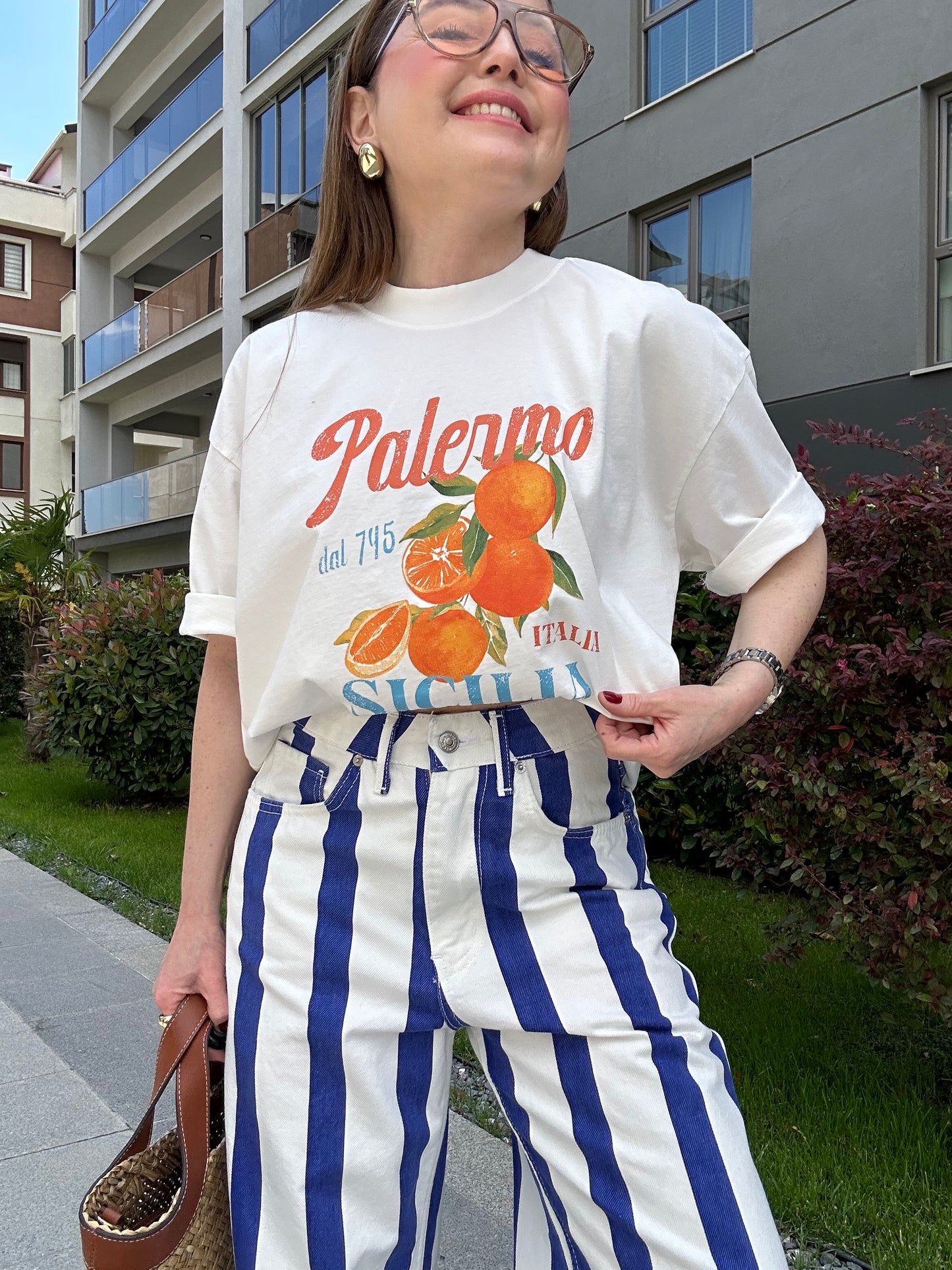 Çizgili denim pantolon