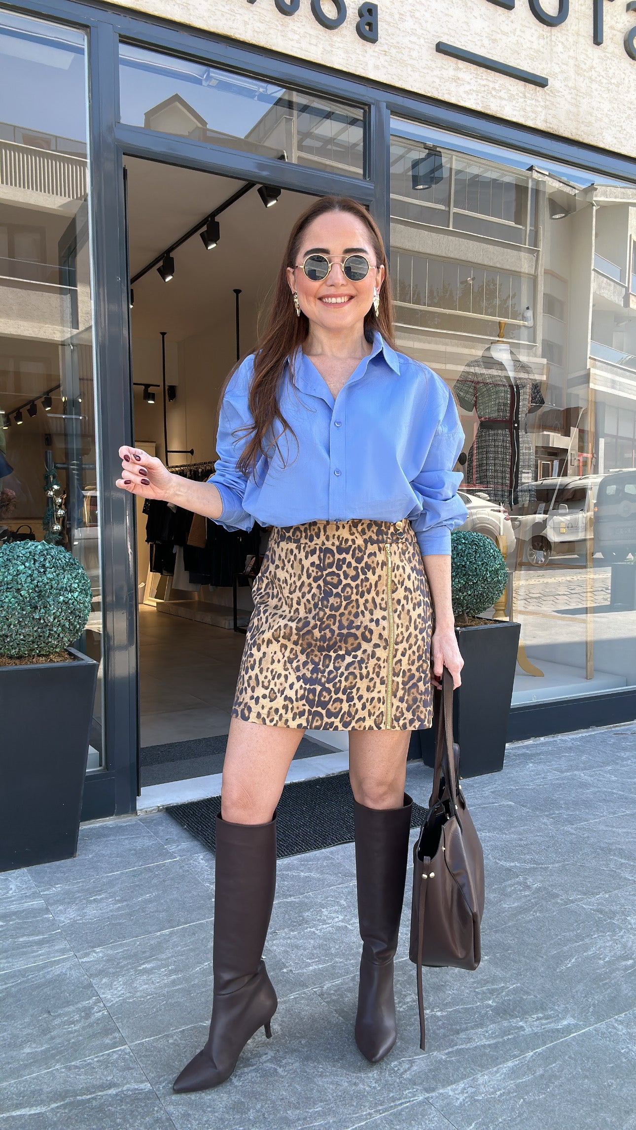 Leopar fermuarlı etek