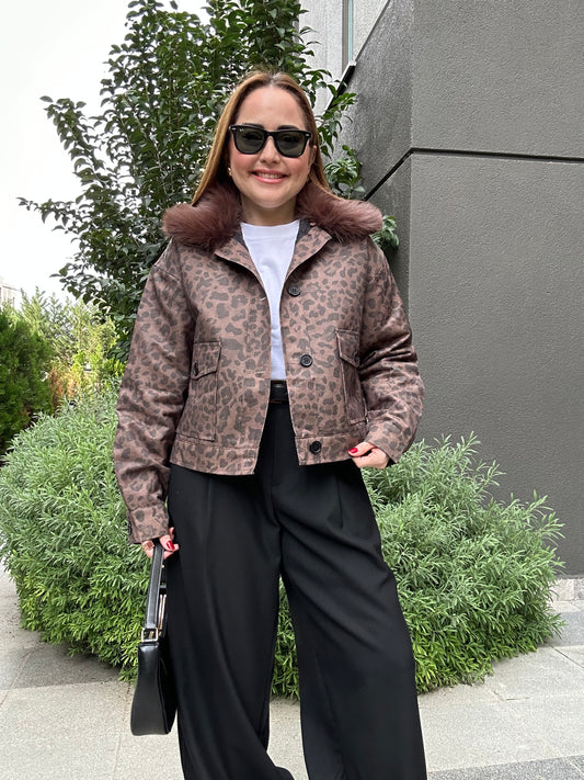 Leopar desen kapitone mont (Çıkabilir kürk )