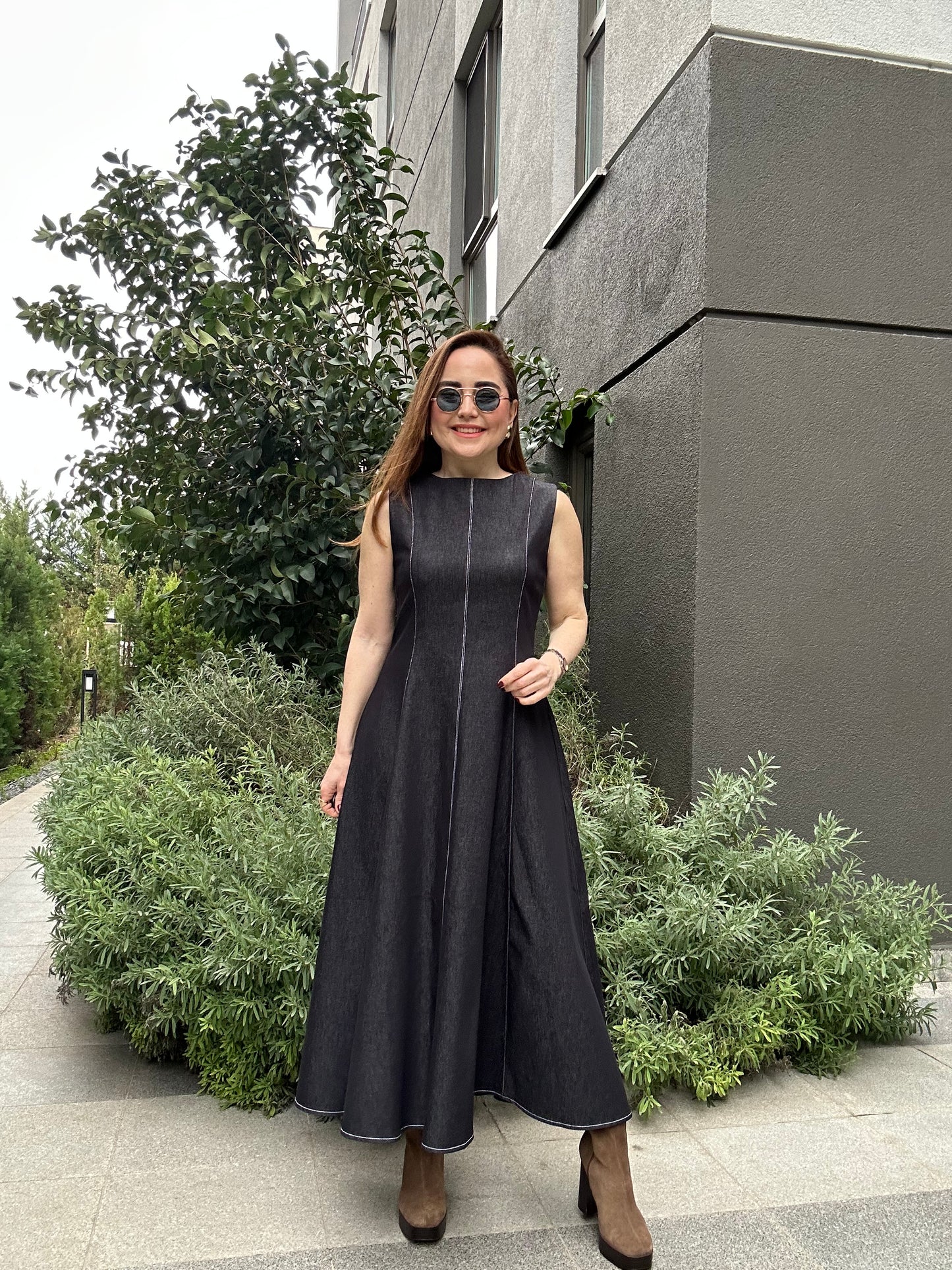 Denim efektli ceket & elbise takım