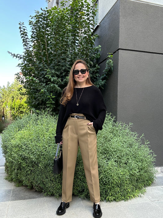 Kemerli krep havuç pantolon