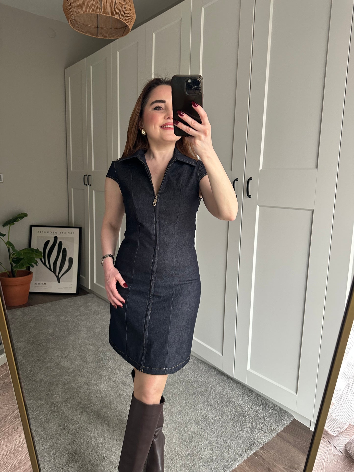 Likralı fermuarlı denim elbise