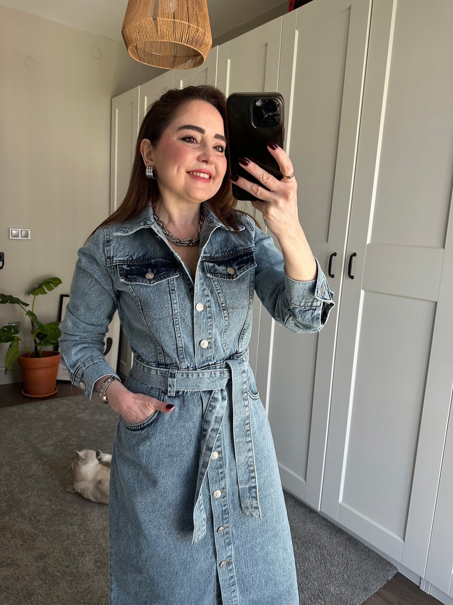 Kemerli denim gömlek elbise