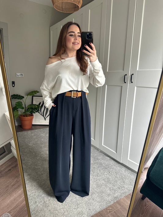 Süet kemerli palazzo pantolon