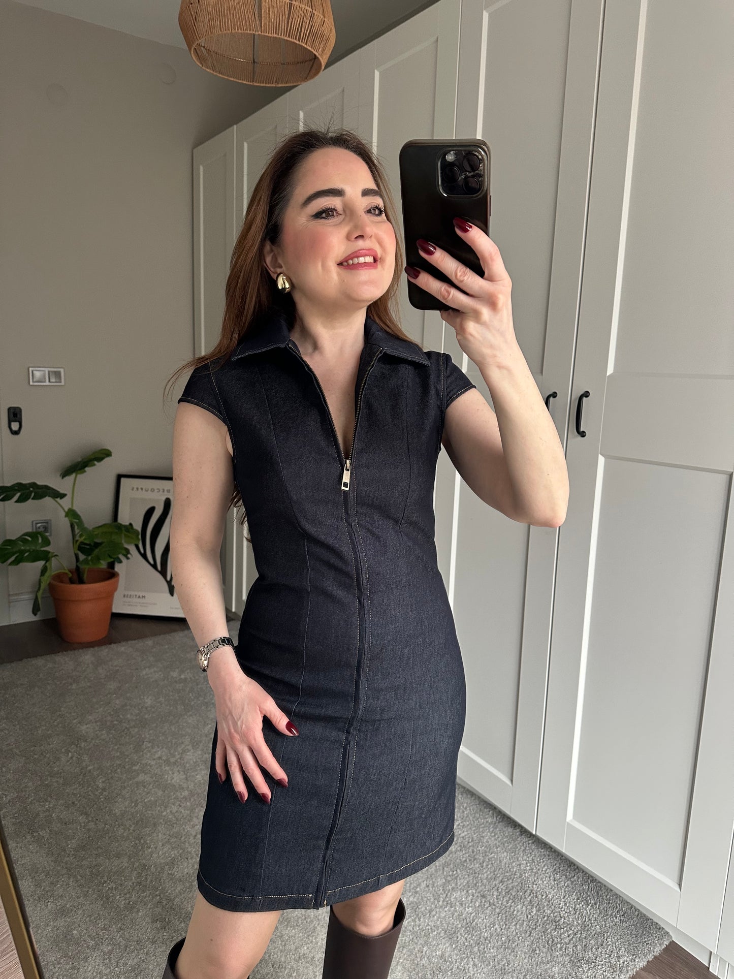 Likralı fermuarlı denim elbise