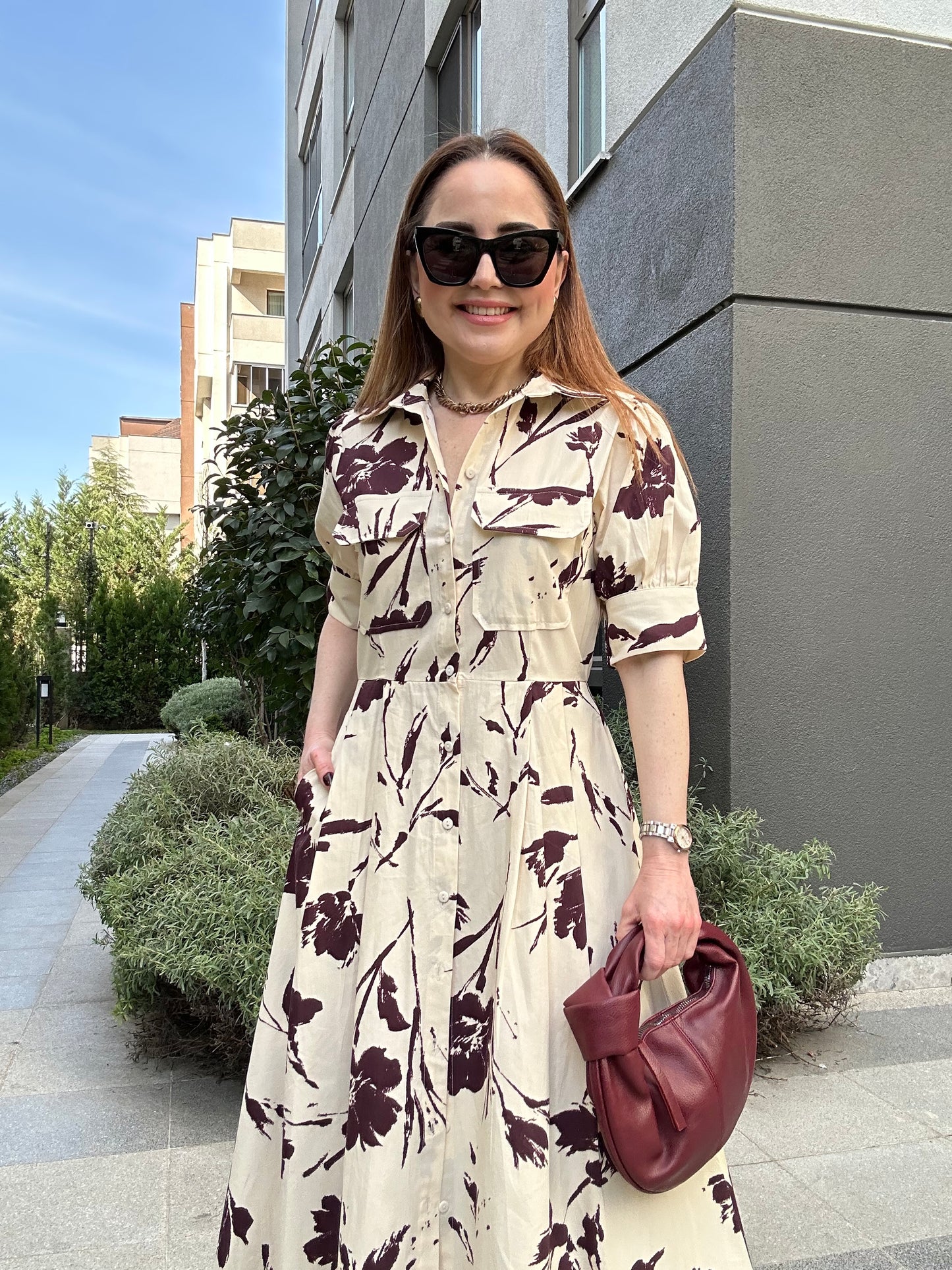 Poplin desenli gömlek elbise