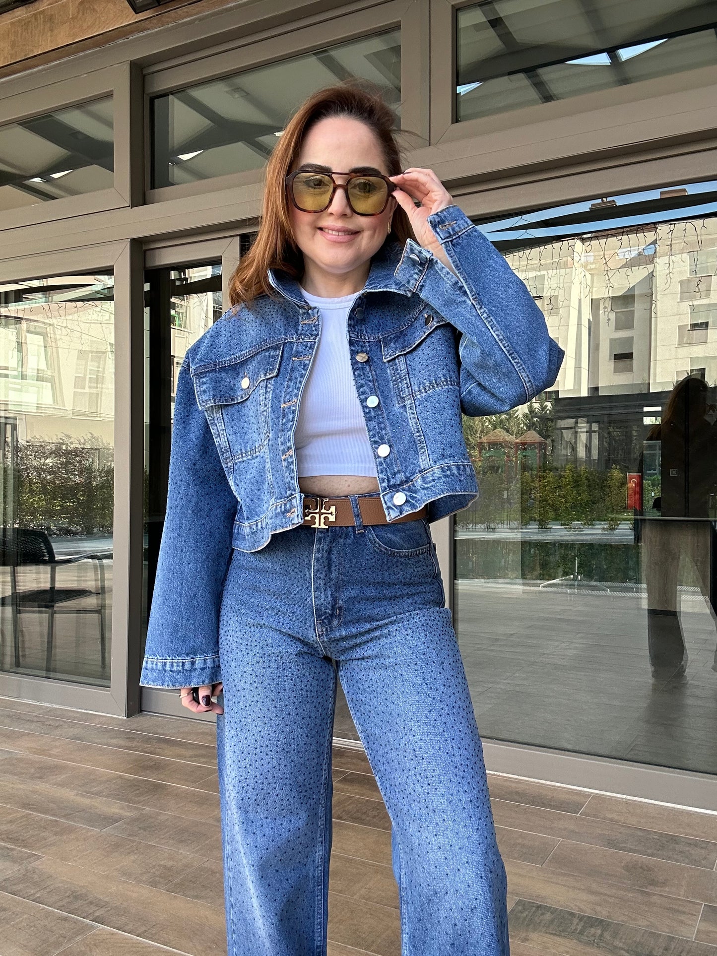 Full taşlı denim palazzo