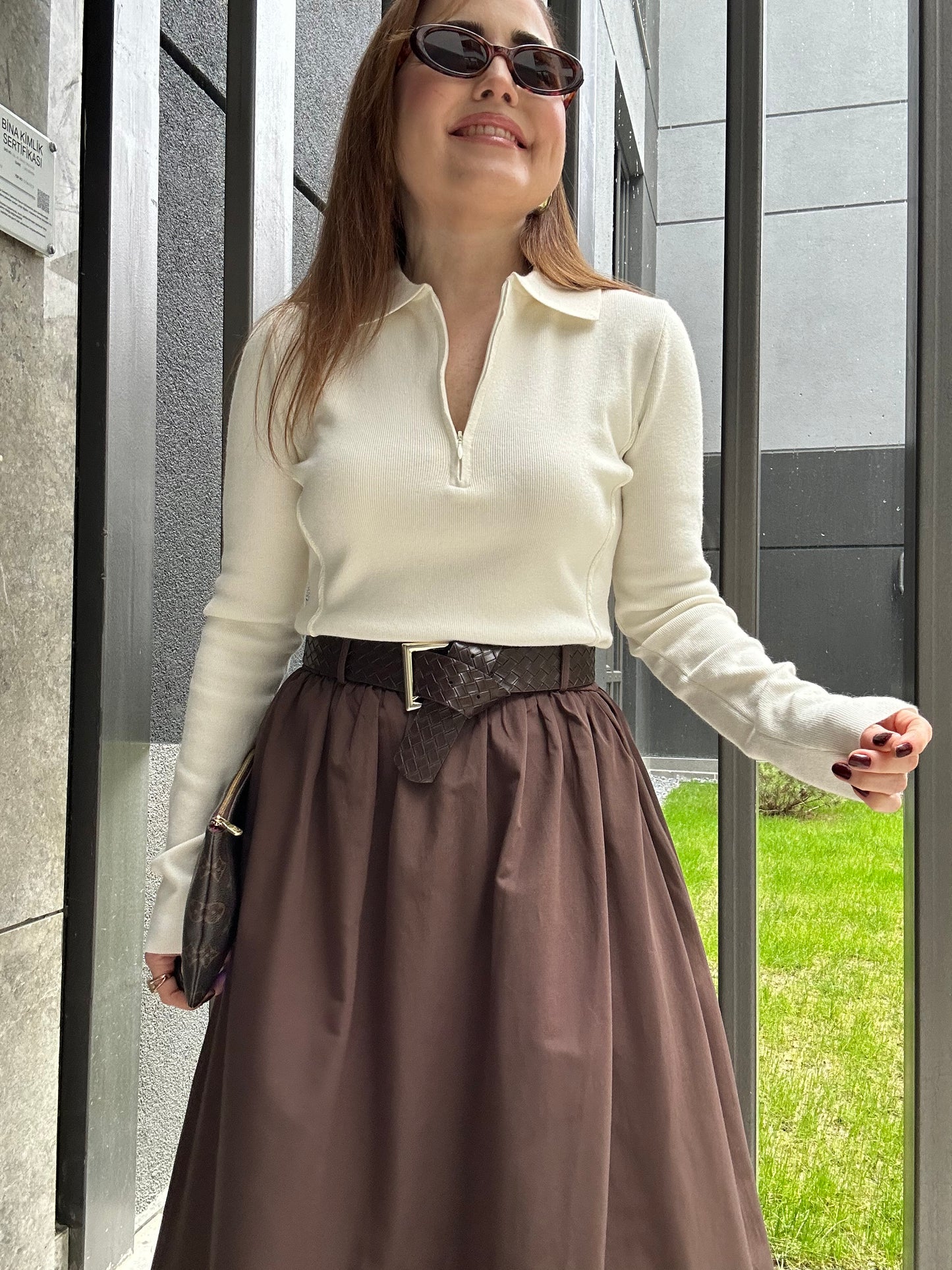 Premium kemerli poplin etek