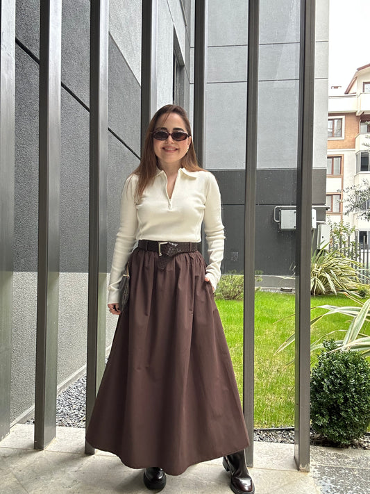 Premium kemerli poplin etek