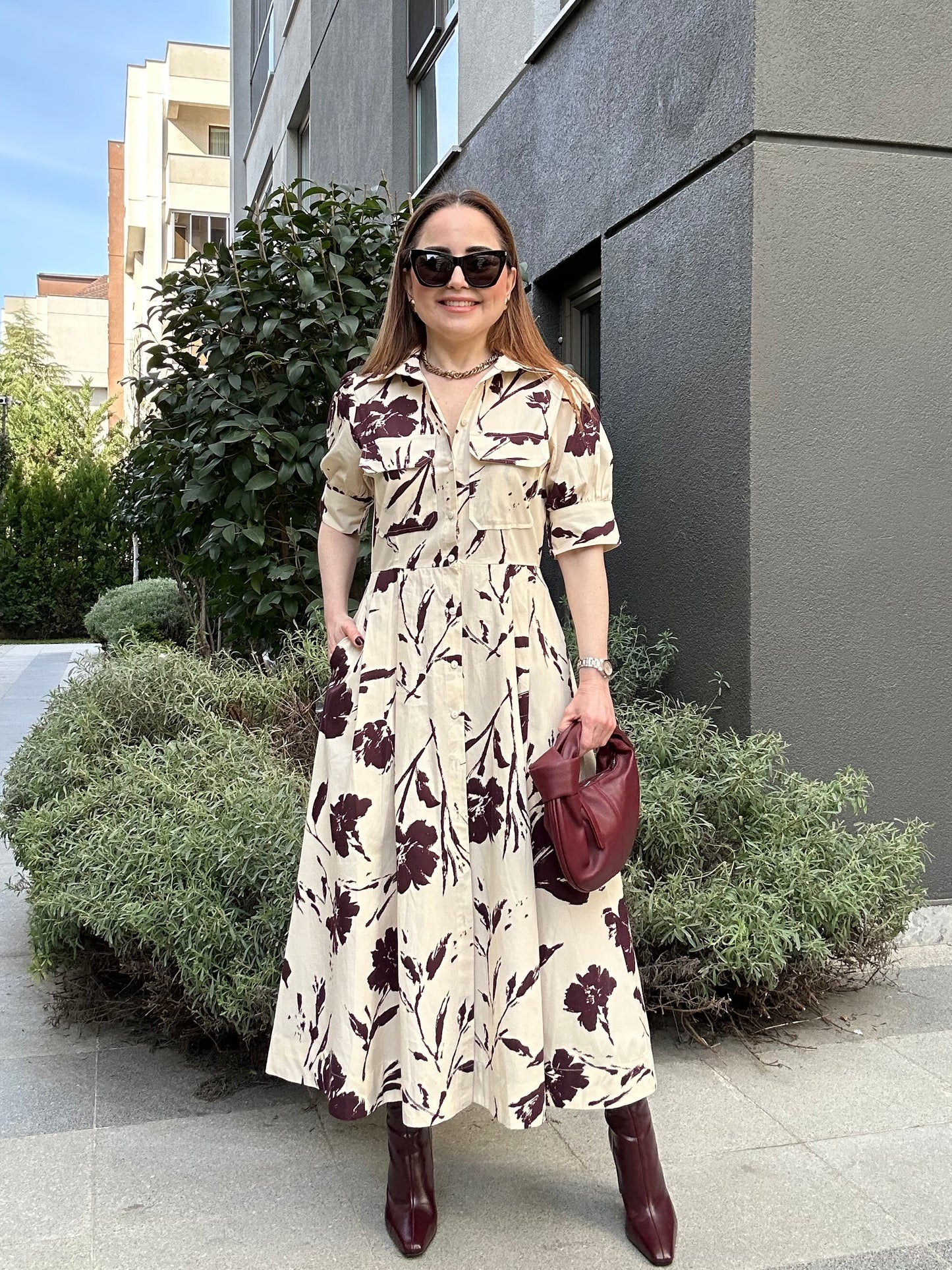 Poplin desenli gömlek elbise