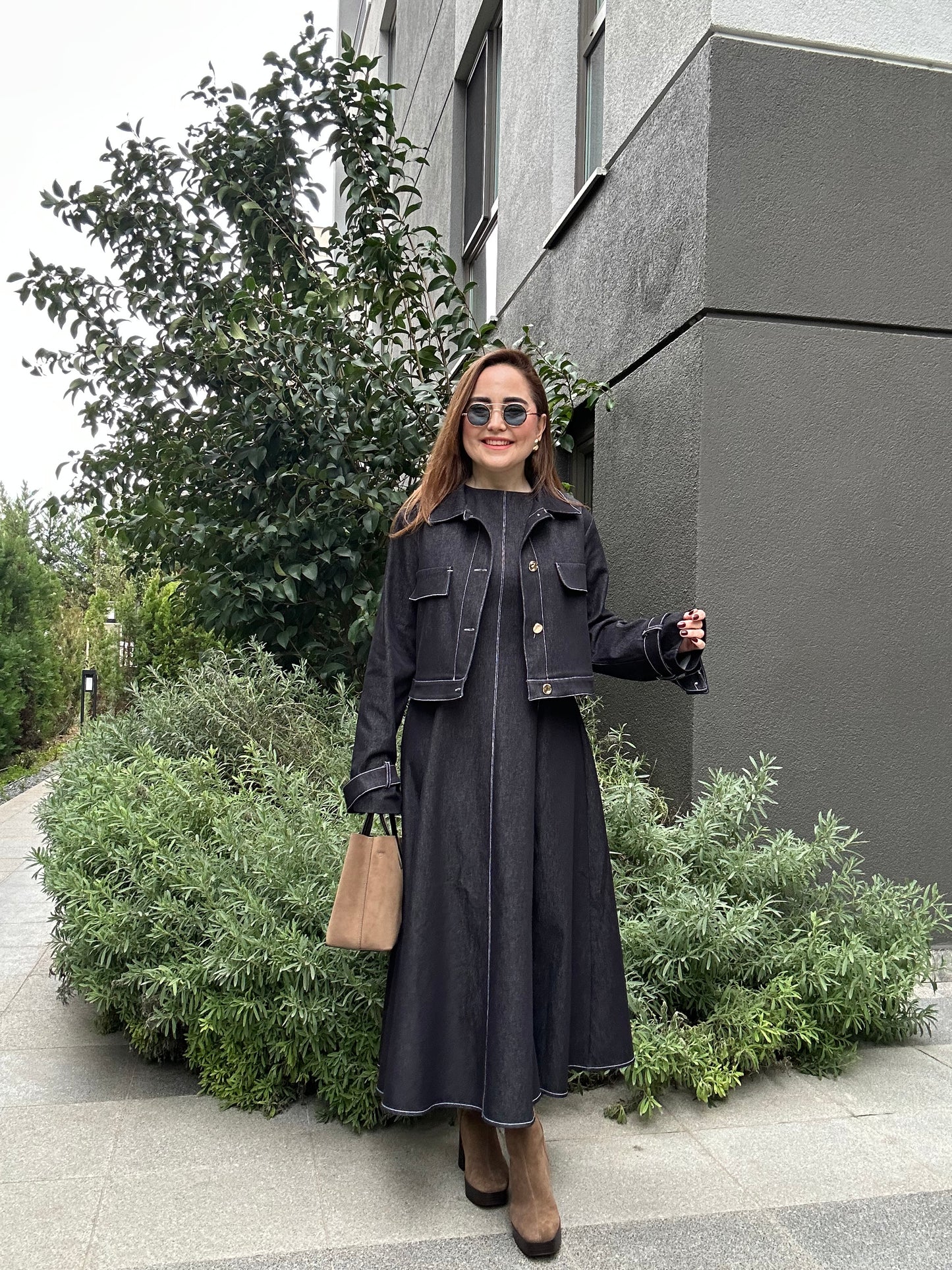 Denim efektli ceket & elbise takım