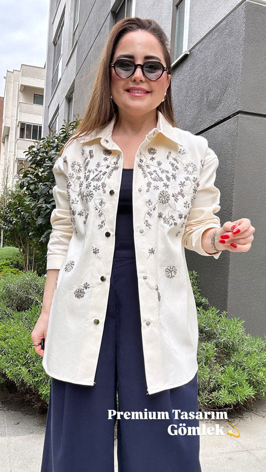 İşlemeli gabardin gömlek