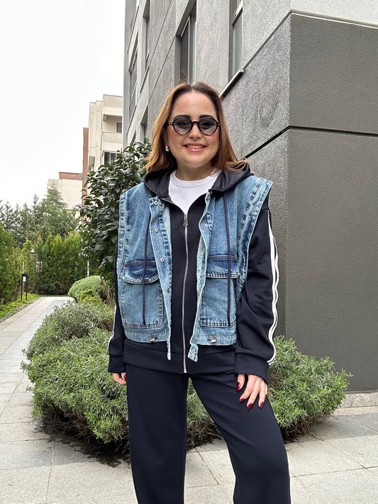 Denim yelekli takım