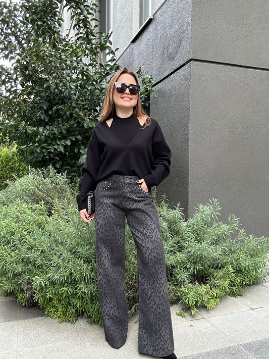 Leopar zımbalı jean