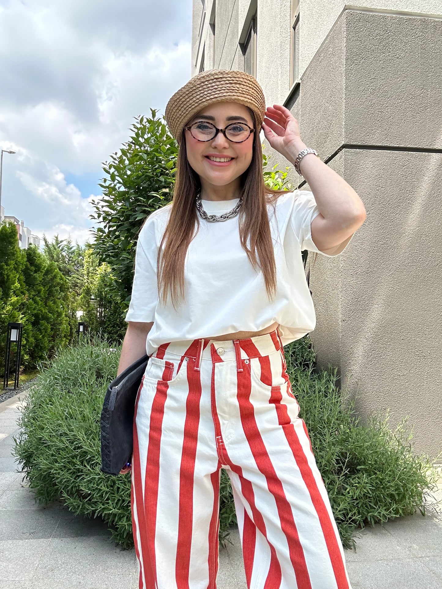 Çizgili denim pantolon