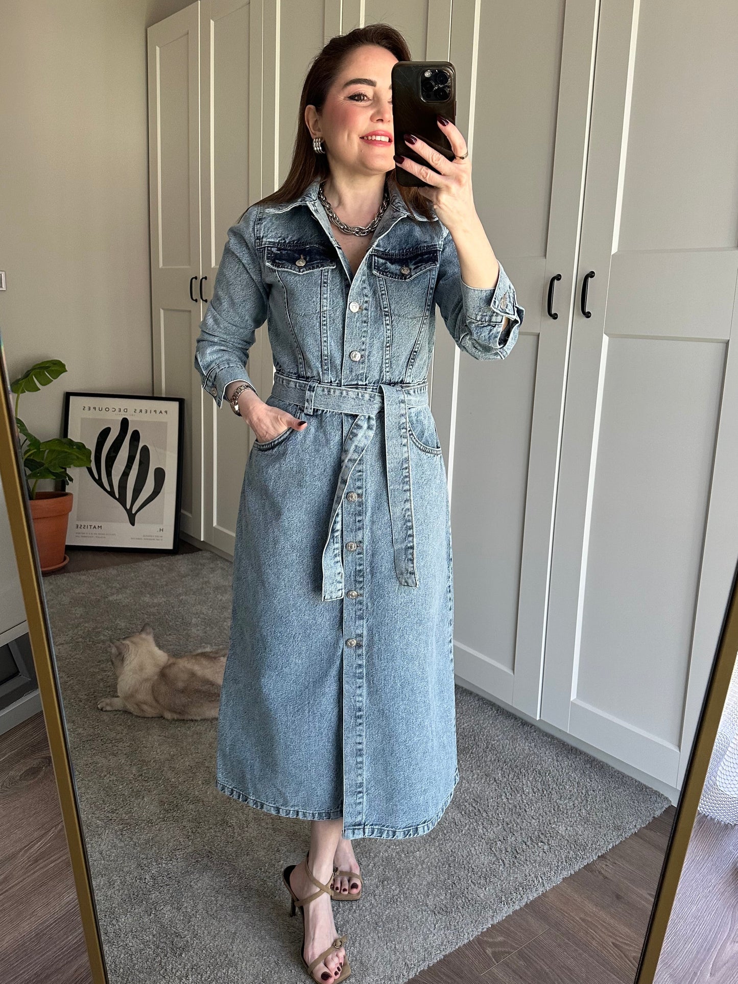 Kemerli denim gömlek elbise