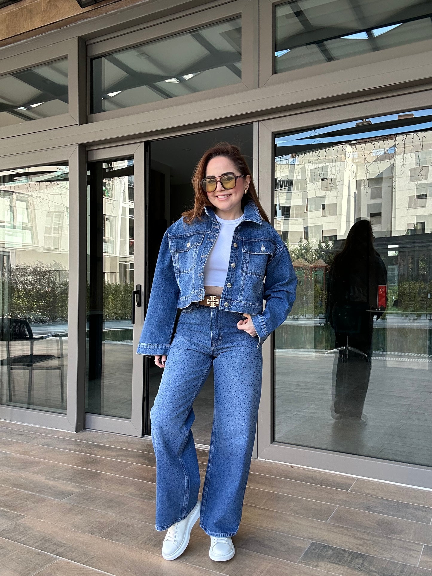 Full taşlı denim palazzo