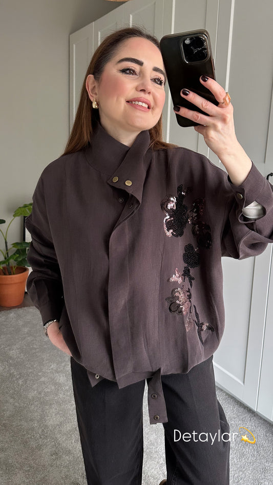 Payetli taşlanmış tensel ceket