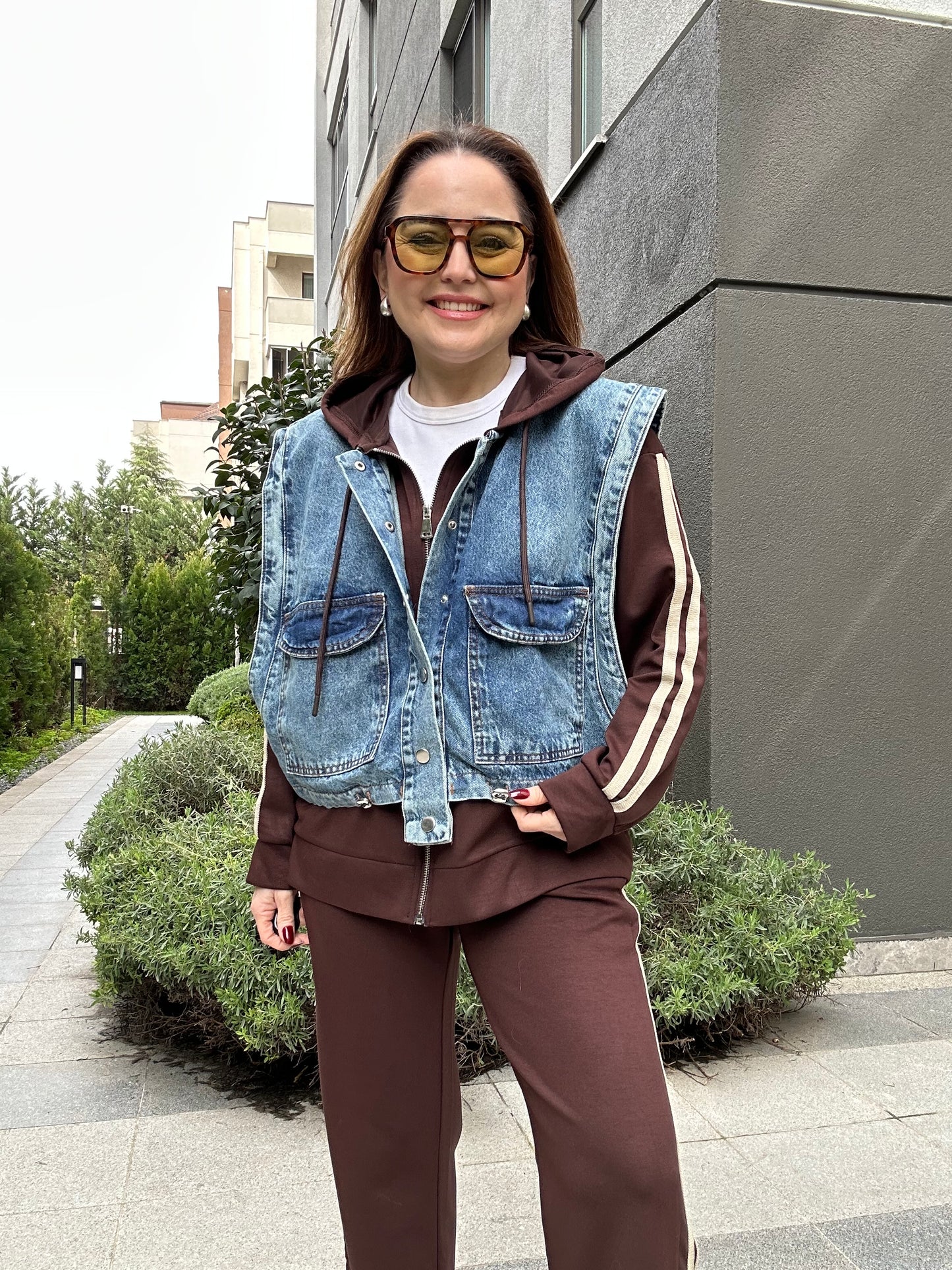 Denim yelekli takım