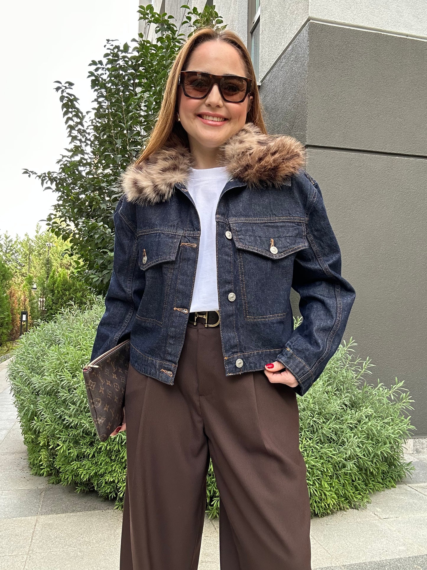 Leopar tüylü denim mont ( Çıkabilir kürk )