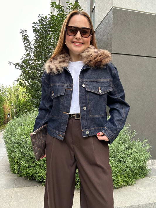 Leopar tüylü denim mont ( Çıkabilir kürk )