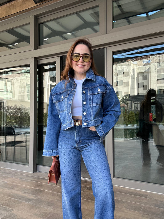 Full taşlı crop ceket