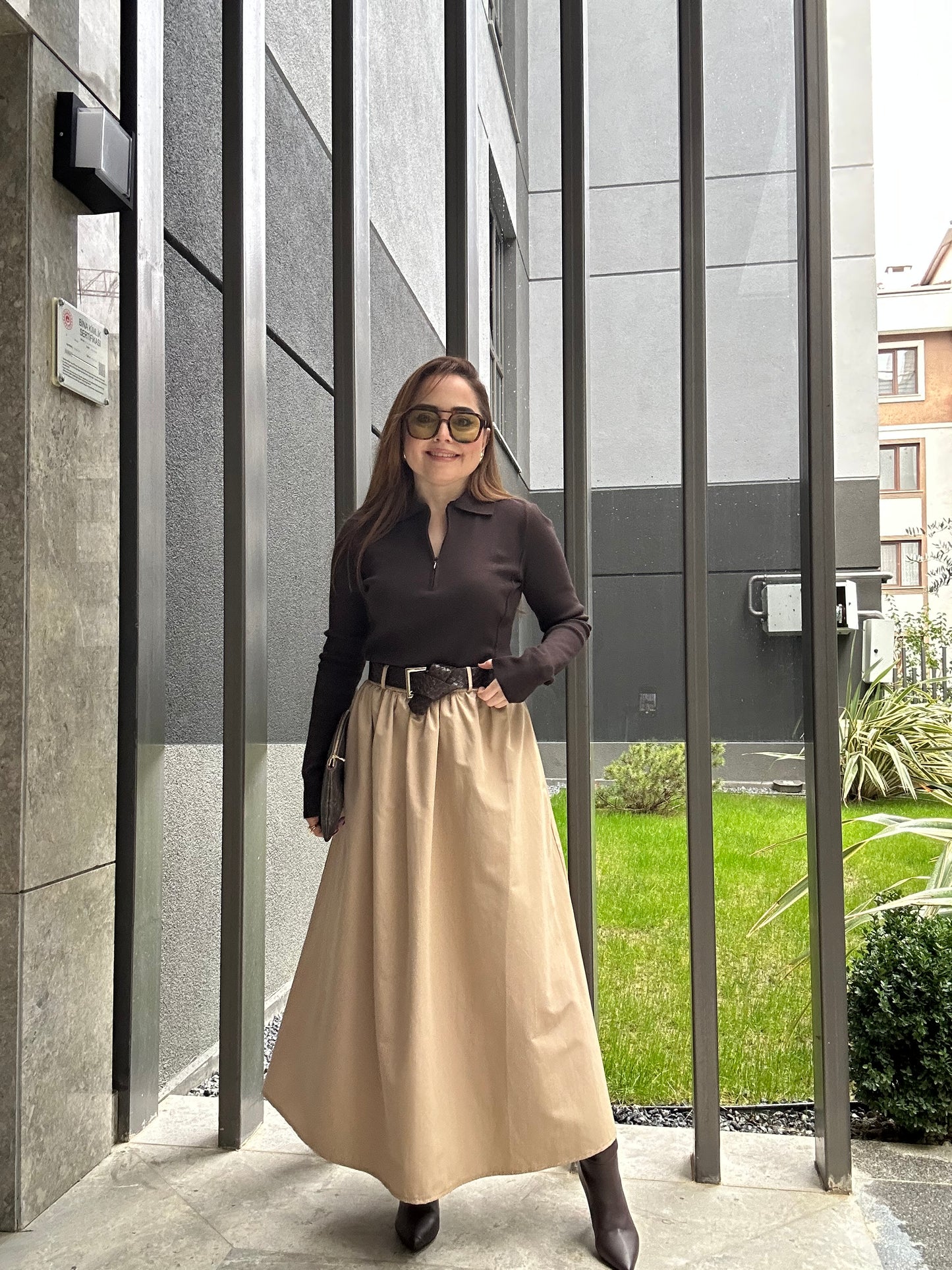 Premium kemerli poplin etek