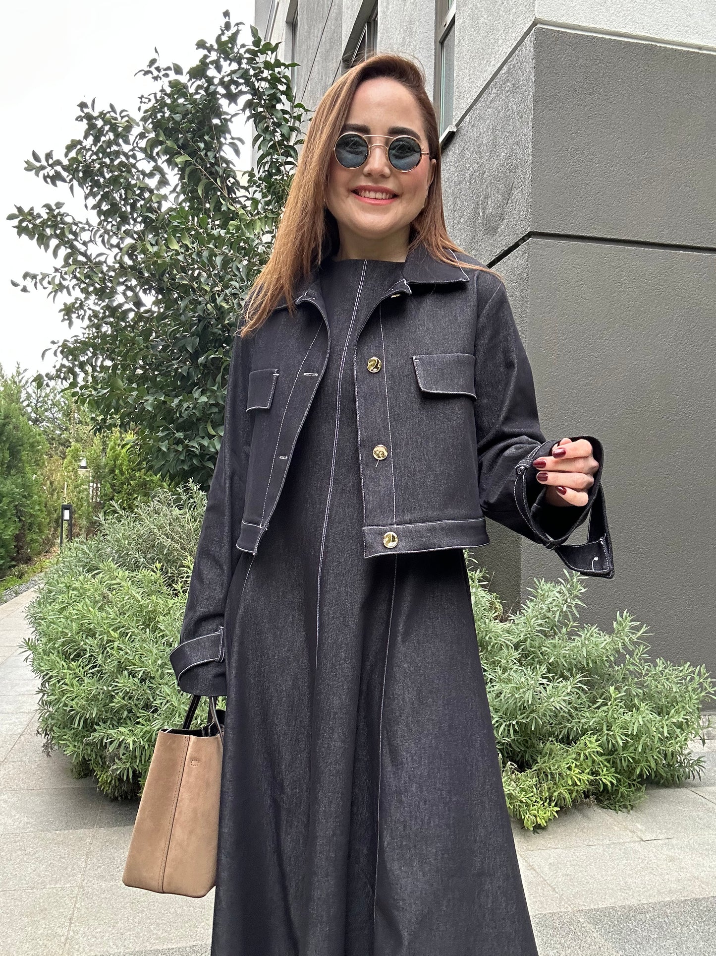 Denim efektli ceket & elbise takım