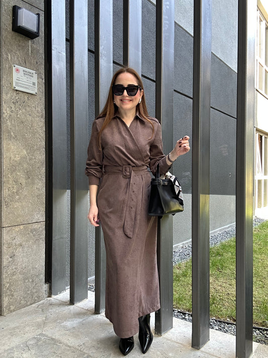 Güderi görünümlü kruvaze elbise