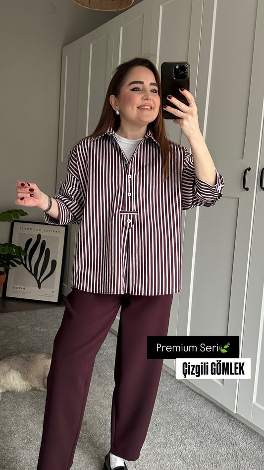 Çizgili pileli poplin gömlek