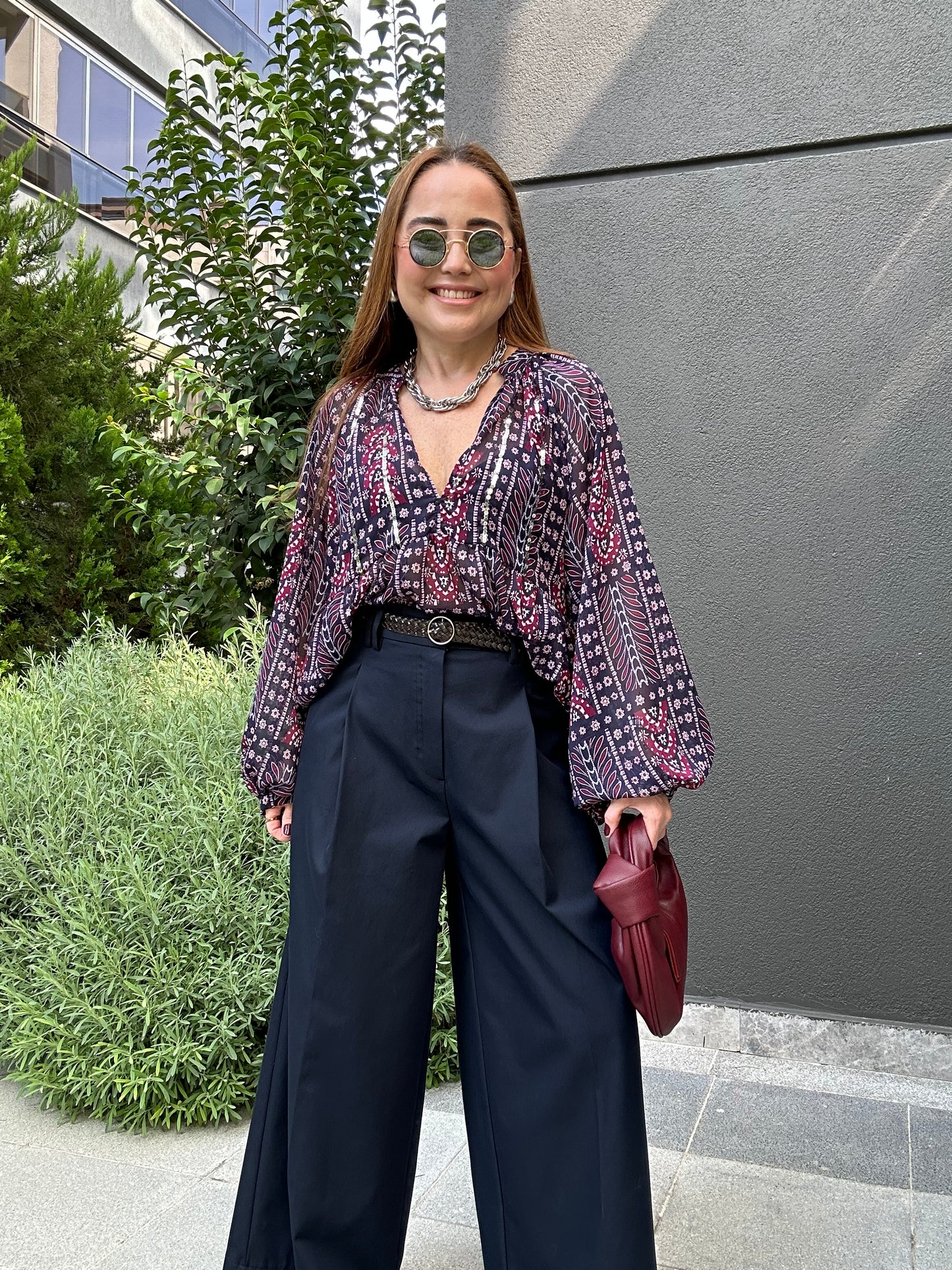 Pul detaylı şifon bluz