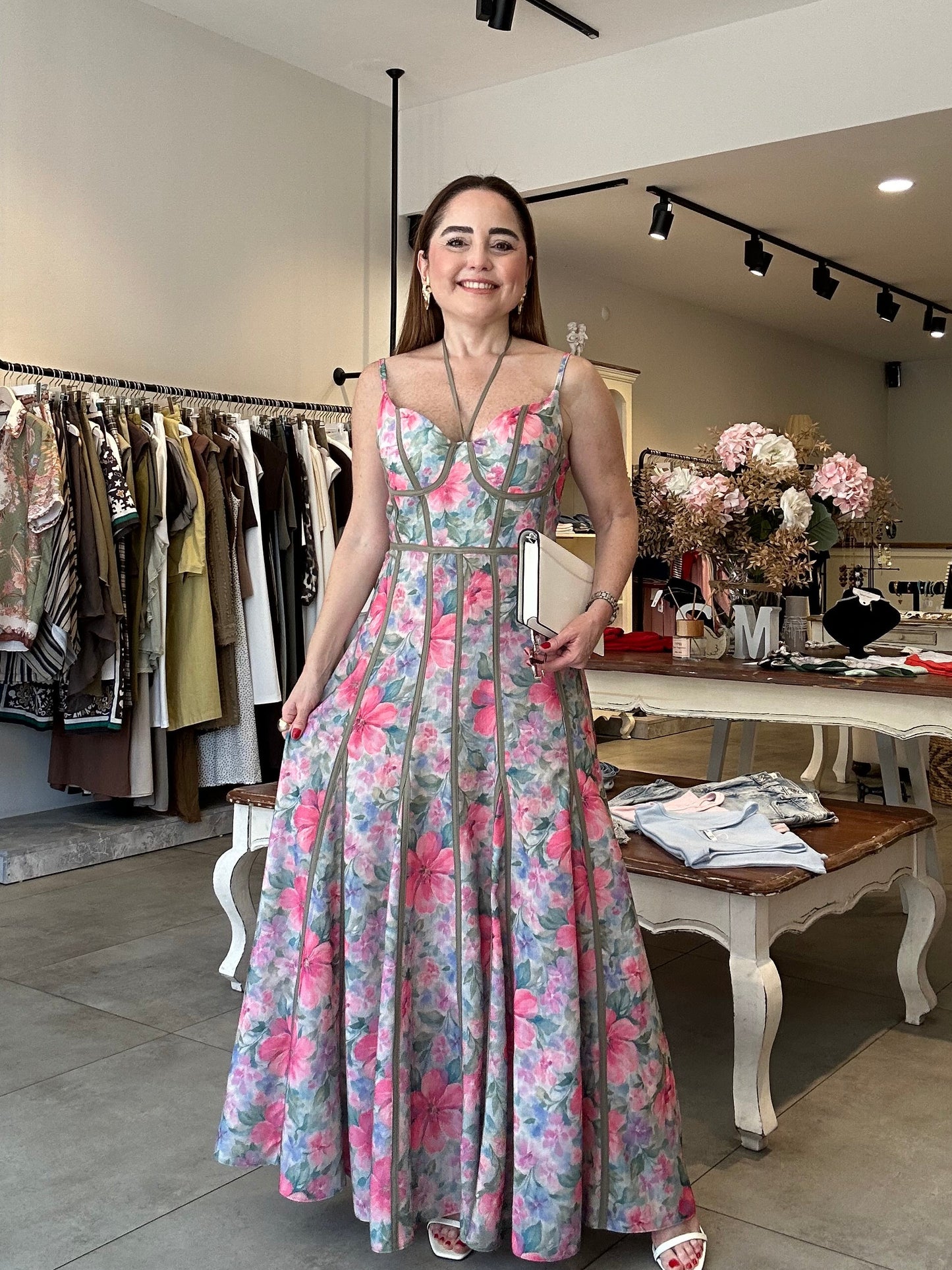 Floral keten elbise